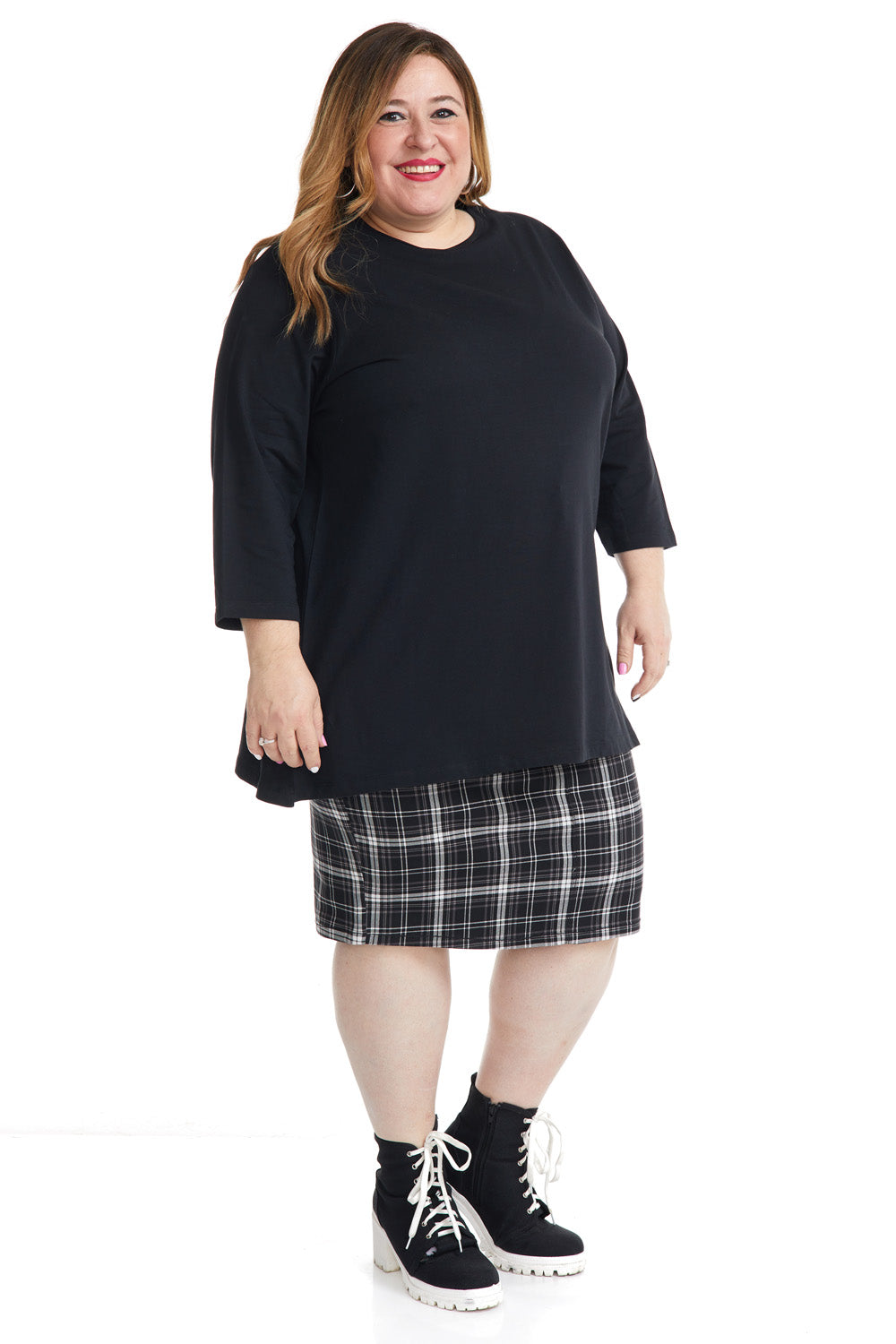Casual plus size Black 3/4 sleeve baggy t-shirt for women