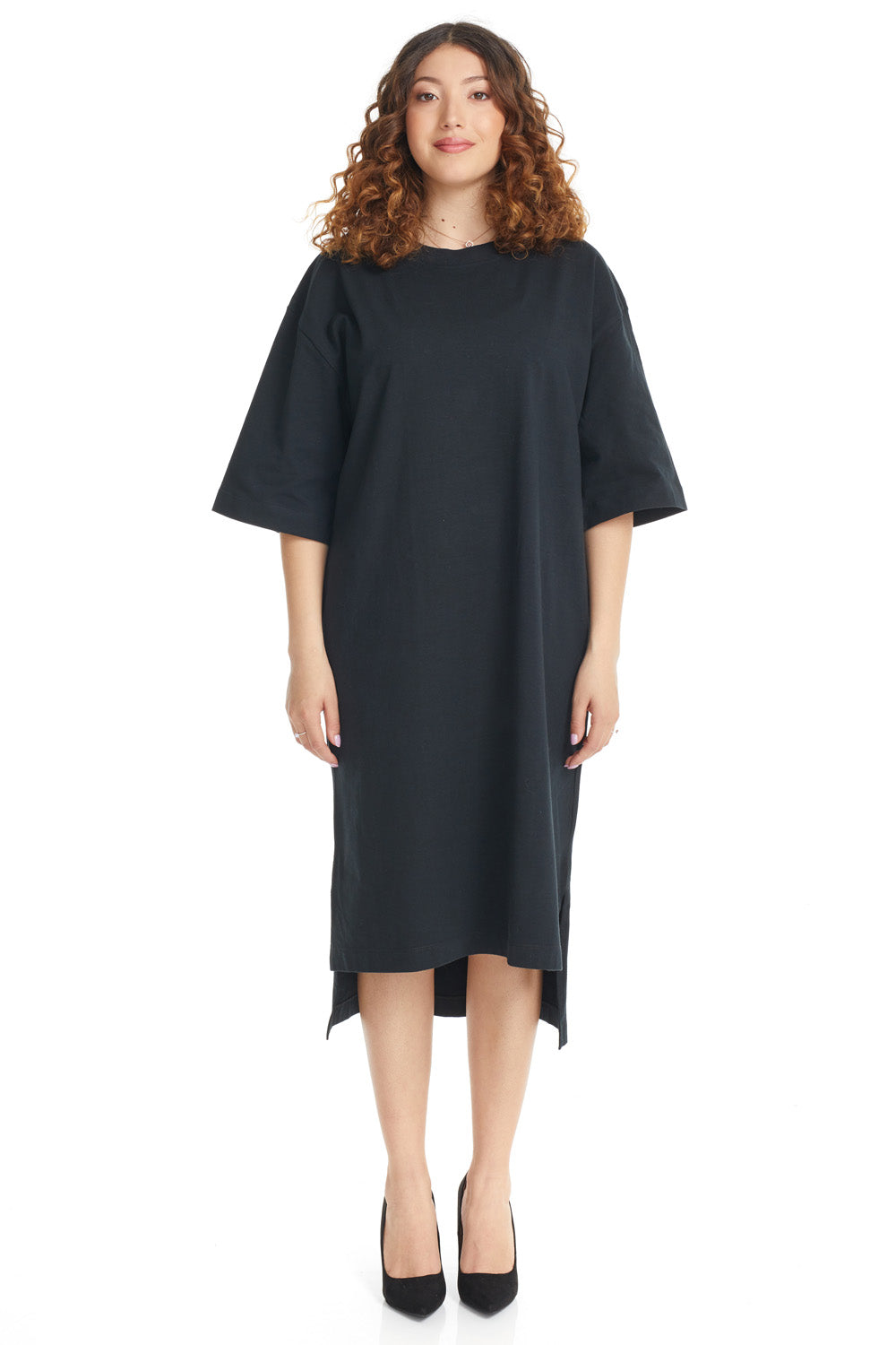 Black 3 4 Sleeve Cotton Oversized Hi Lo T shirt Dress