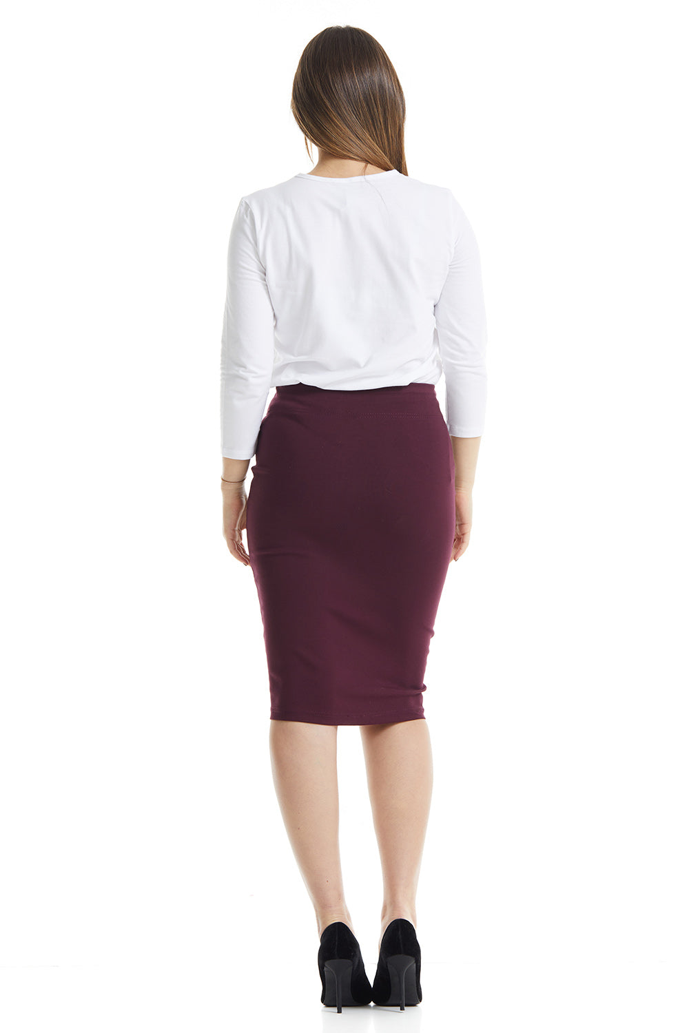 burgundy knee length pencil skirt for women