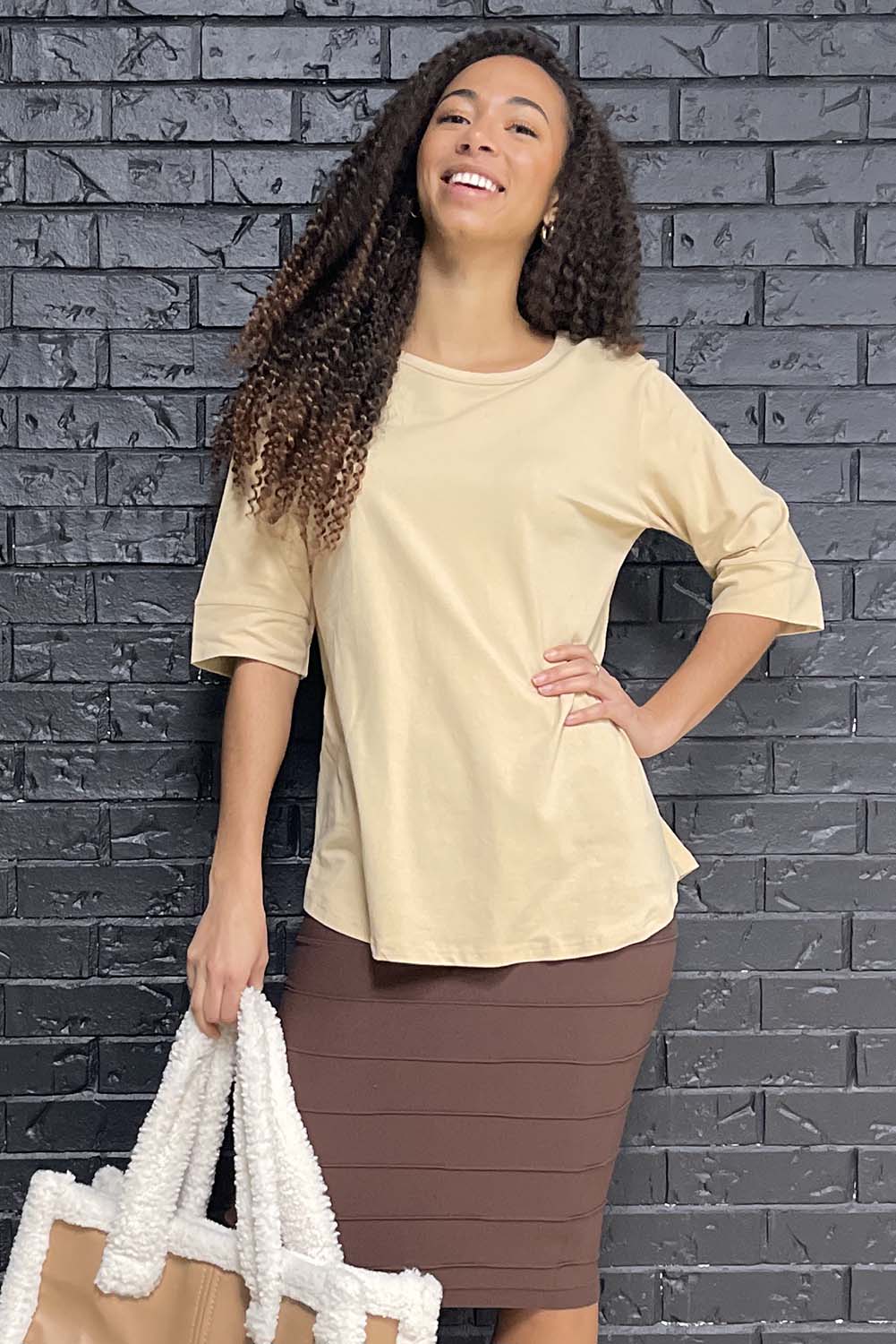tan colored cotton crewneck tshirt with elbow cuff sleeve