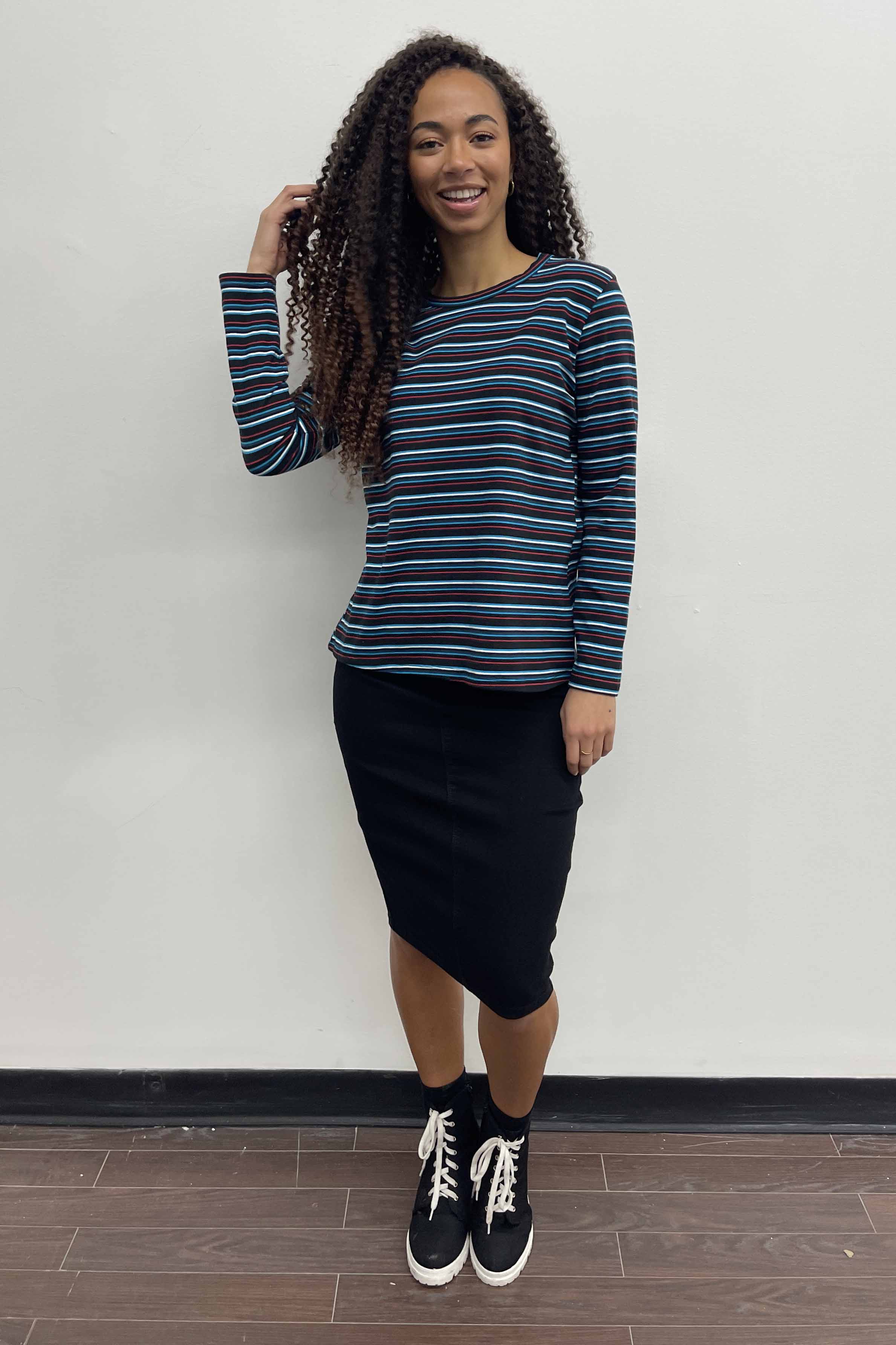 black red blue stripes cotton long sleeve top for women