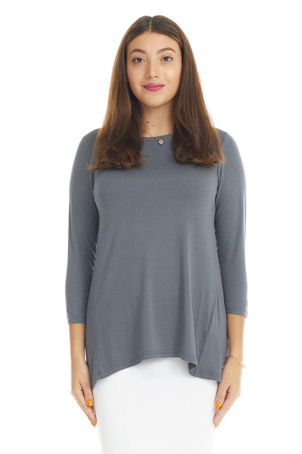 gray basic top to wear with jean skirts