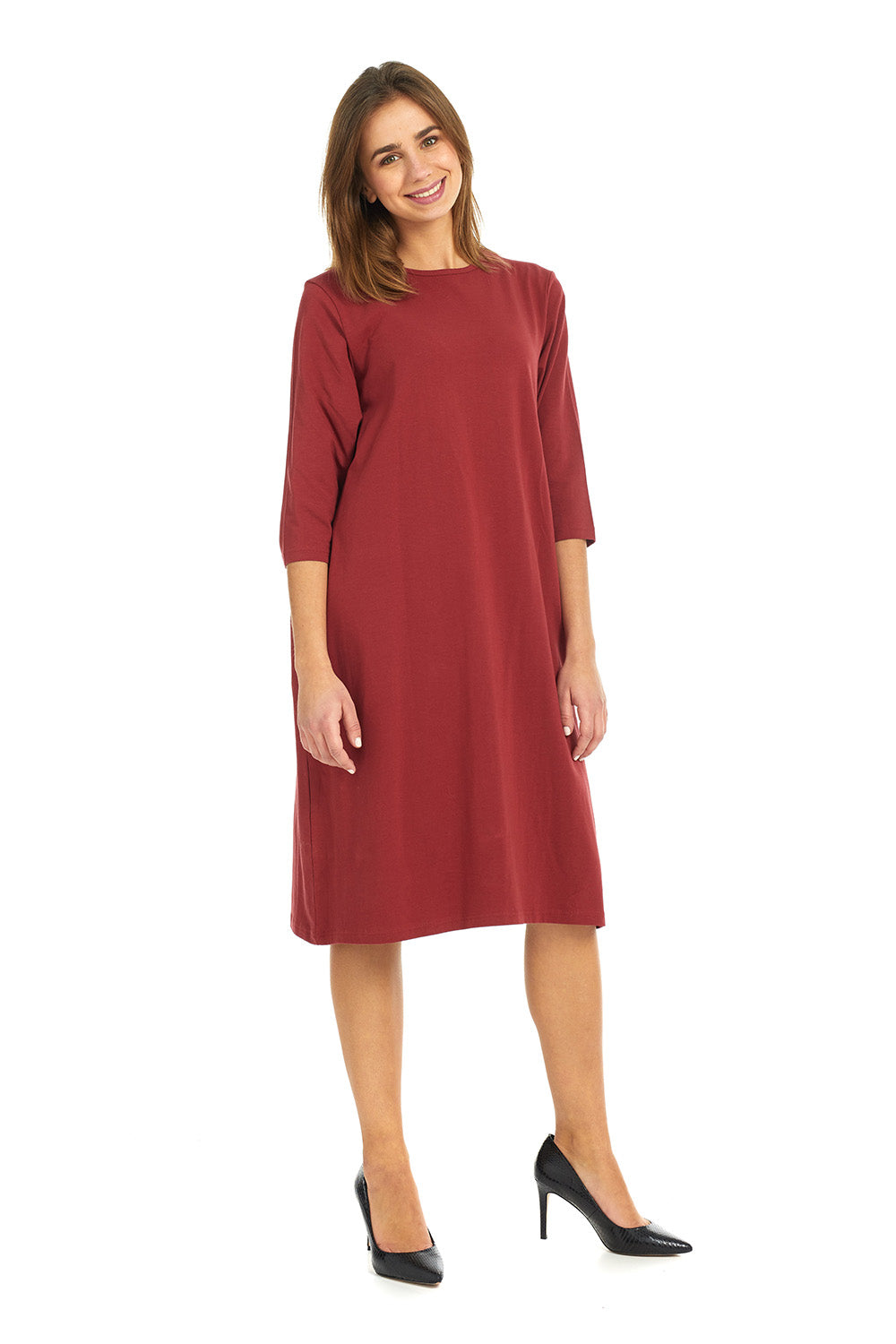 Soft and cozy plus size cotton burgundy t-shirt dress with pockets. modest 3/4 sleeves and knee length