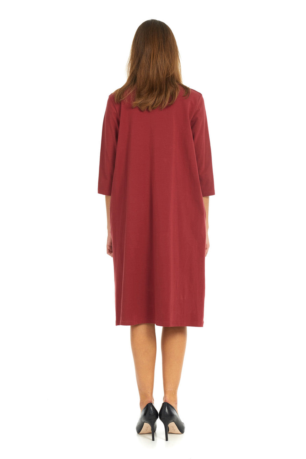 Soft and comfy cotton burgunday t-shirt dress with pockets. modest 3/4 sleeves and knee length