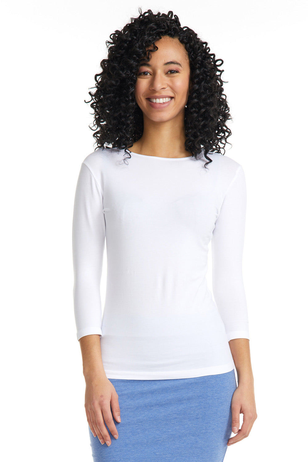 White 3/4 Sleeve Snug Fit Layering Cotton T-Shirt Top for Women