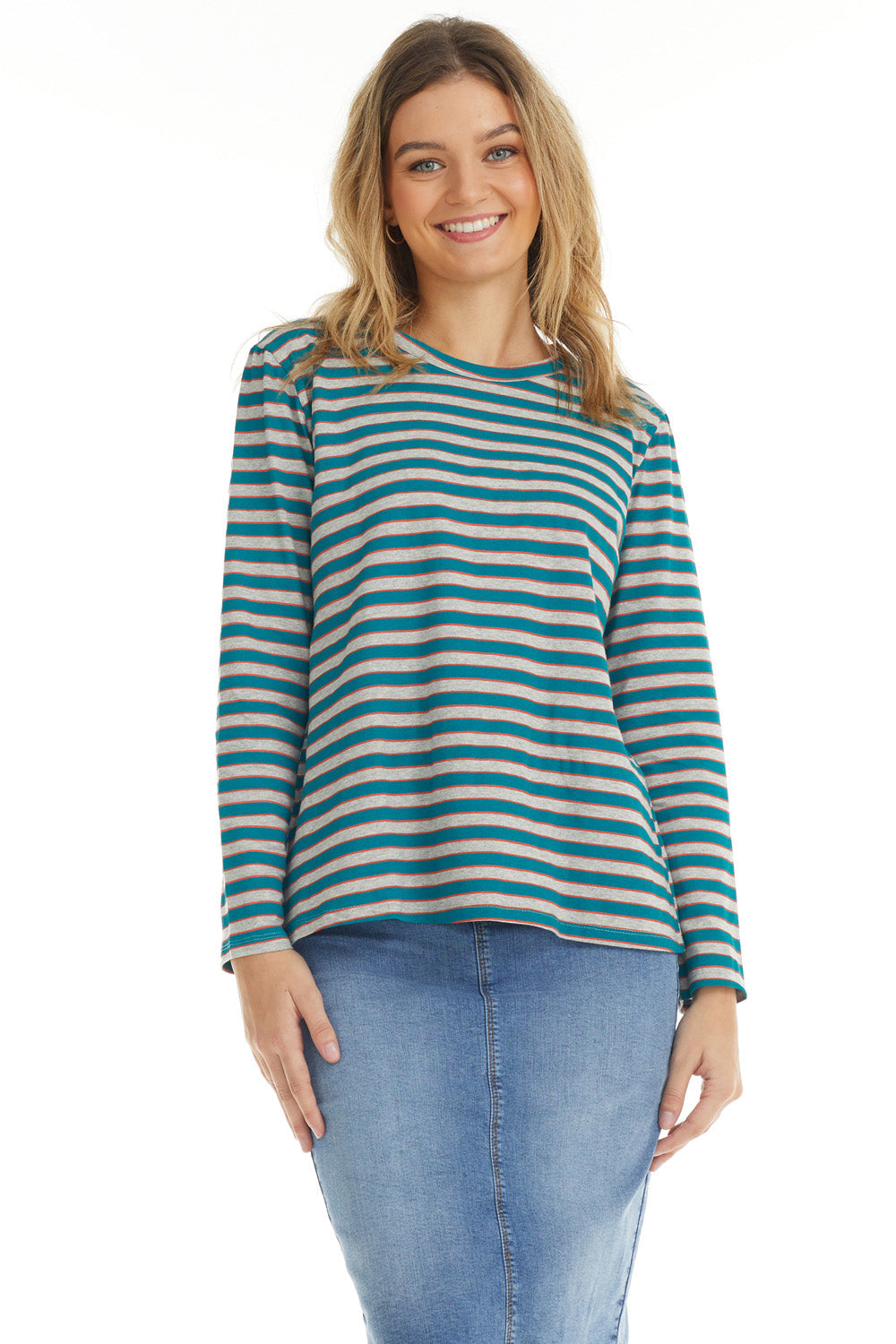 Grey and Teal Striped Long Sleeve Cotton T-shirt Top for Women B468'