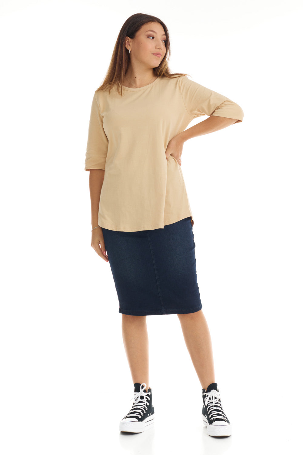 light brown crew neck top for women with cuff sleeve