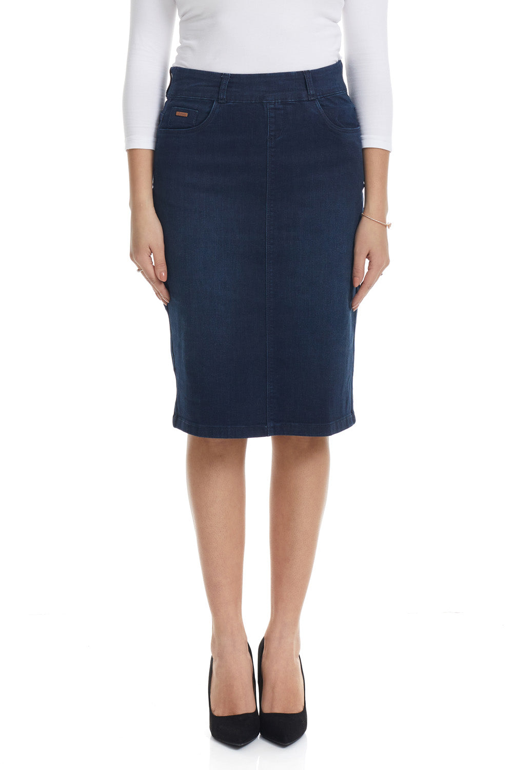 modest blue below knee length straight jean skirt with front and back pockets