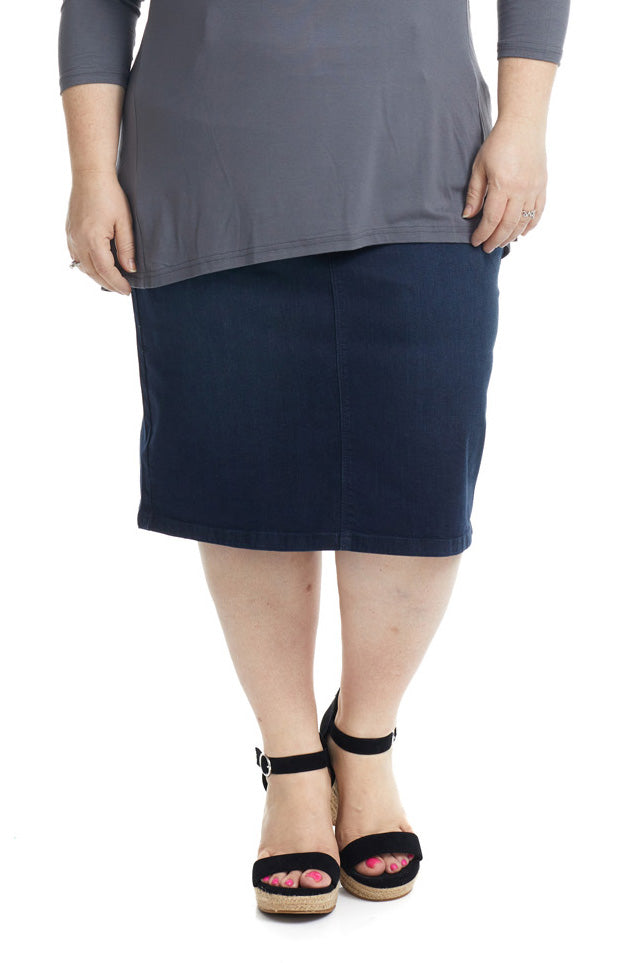 tznius blue plus size straight denim jean skirt for women with pockets and belt loops