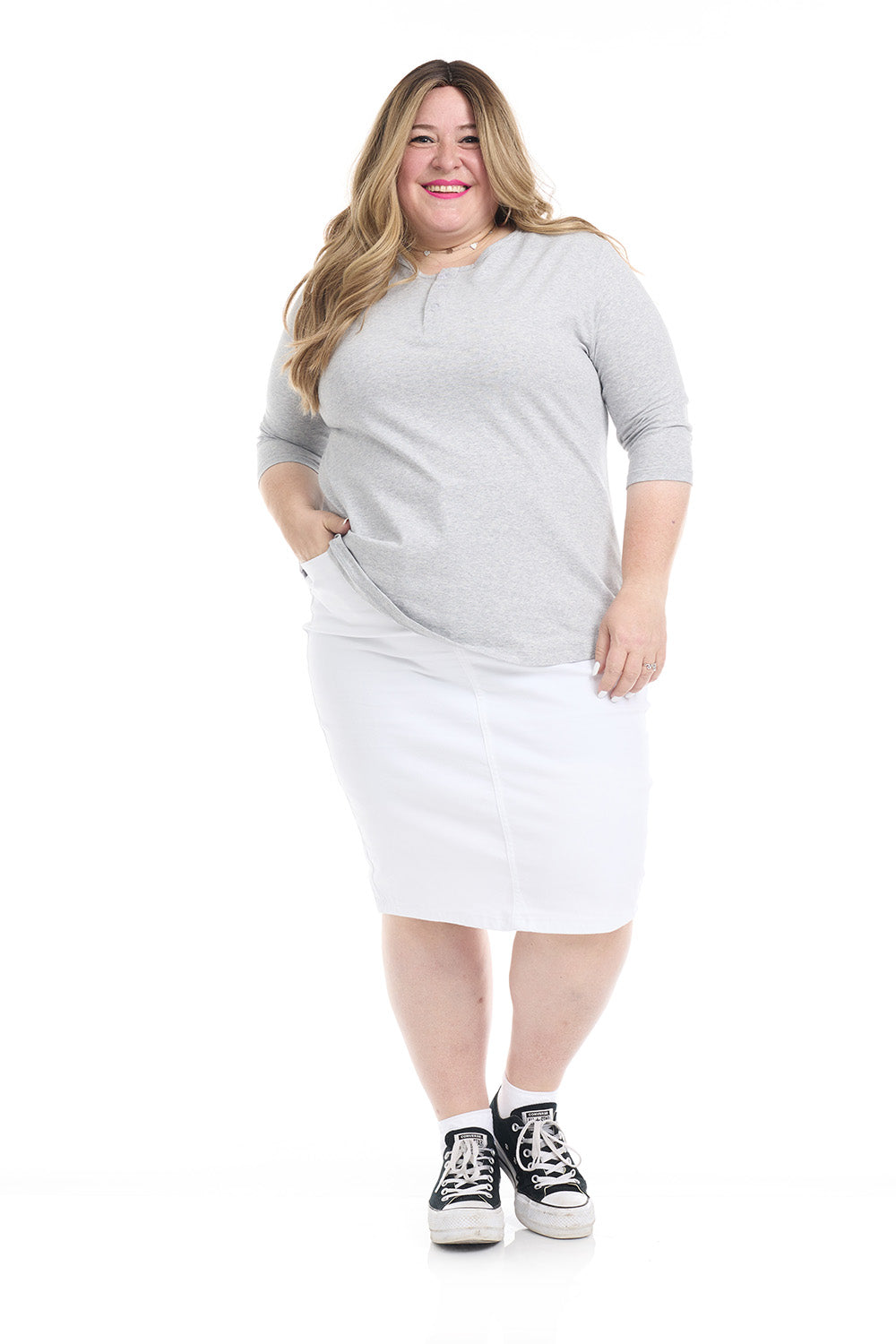 white stretchy modest knee length plus size jean skirt with pockets
