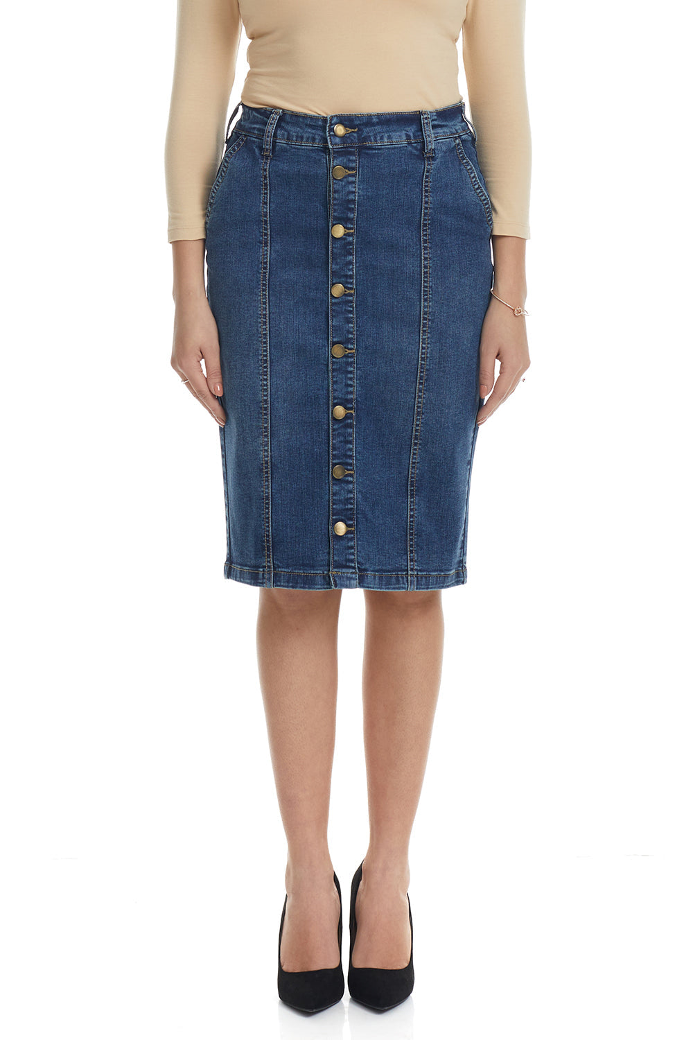 blue button down modest denim jean pencil skirt with pockets and belt loops for women 