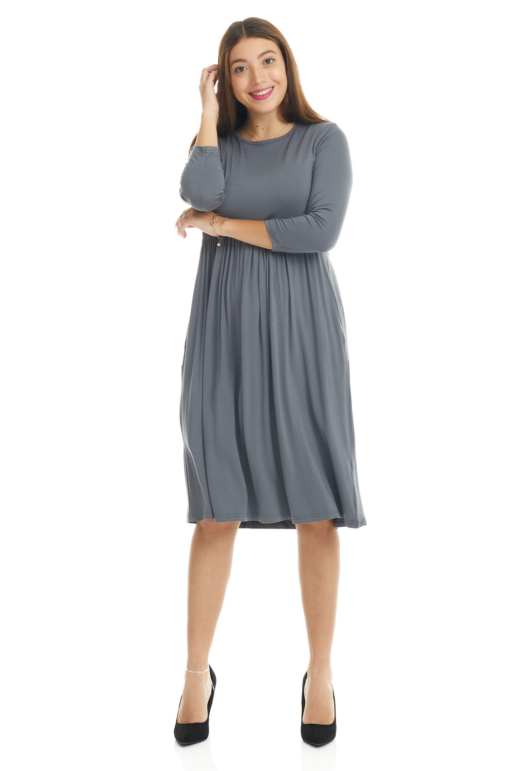 grey 3/4 sleeve below the knee swing dress with empire waist and side pockets