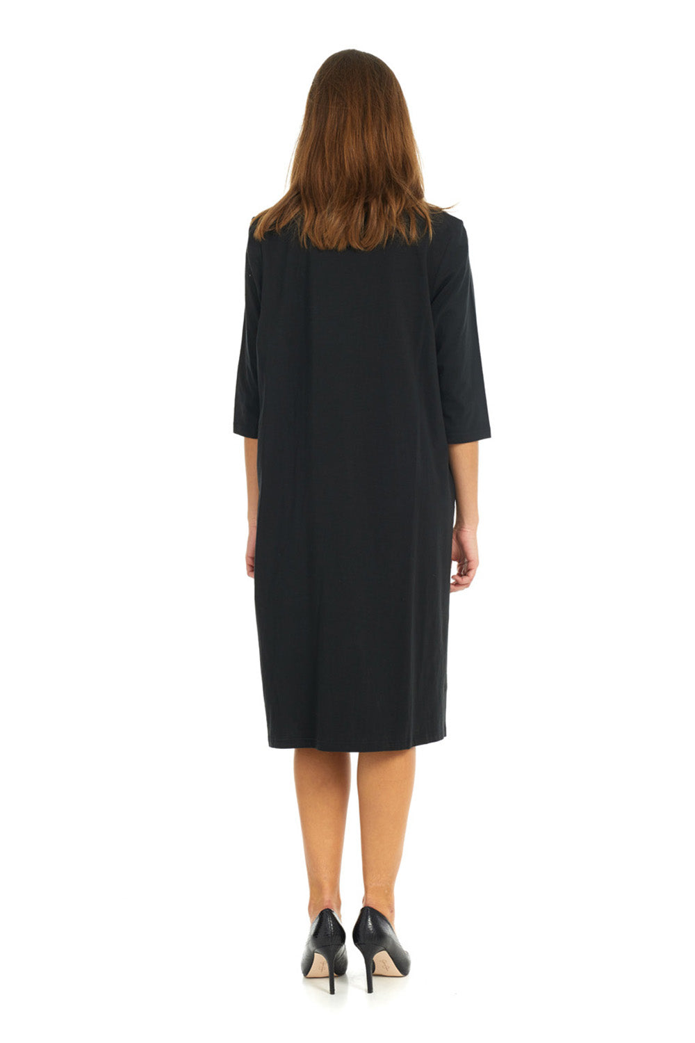 Soft and comfy cotton black t-shirt dress with pockets. modest 3/4 sleeves and knee length