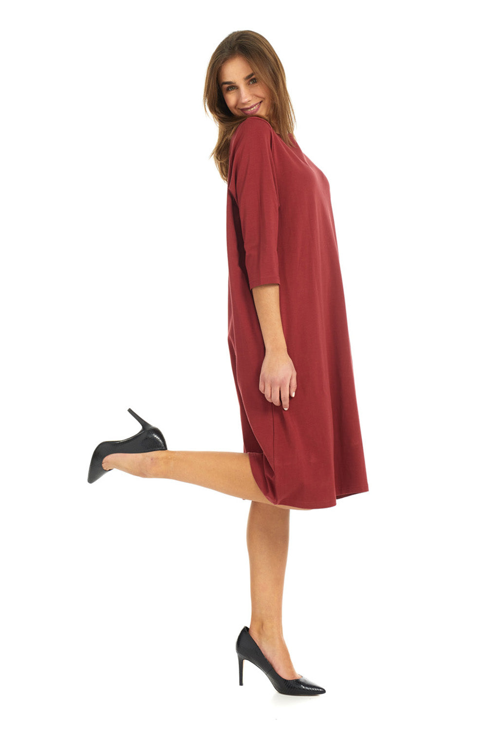 Soft and cozy cotton burgundy t-shirt dress with pockets. modest 3/4 sleeves and knee length