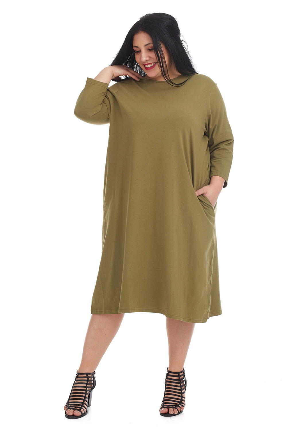 Soft and cozy cotton olive green plus size t-shirt dress with pockets. modest 3/4 sleeves and knee length