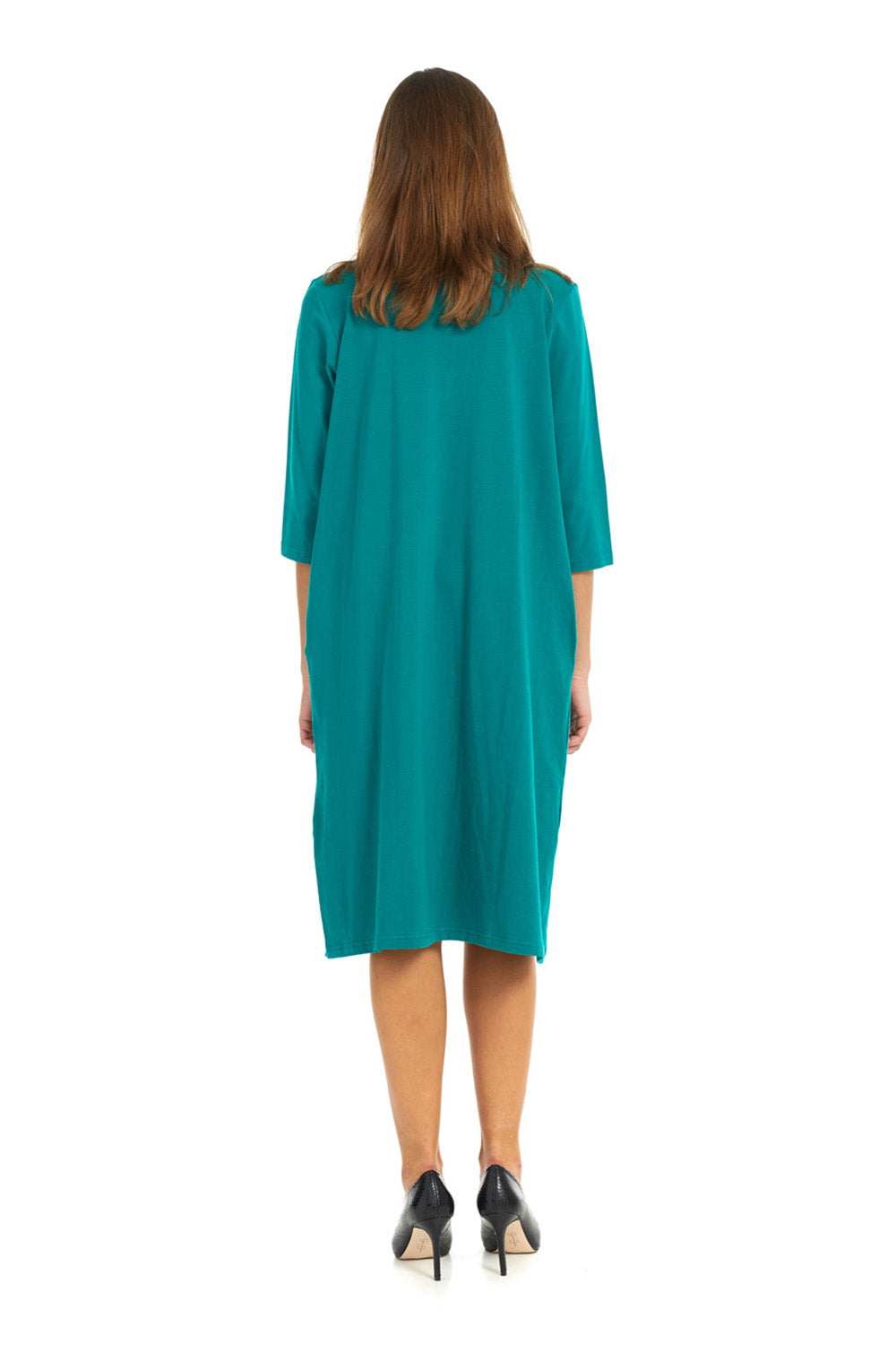 Soft cotton teal t-shirt dress with pockets. modest 3/4 sleeves and knee length