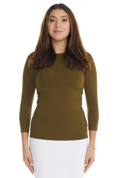 ESTEEZ 3/4 Sleeve Fancy Slinky Crew Neck T-Shirt for Women Base Layering Top Snug Fit