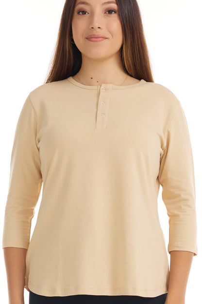 ESTEEZ 3/4 Sleeve Cotton Spandex Casual Henley Tops for Women