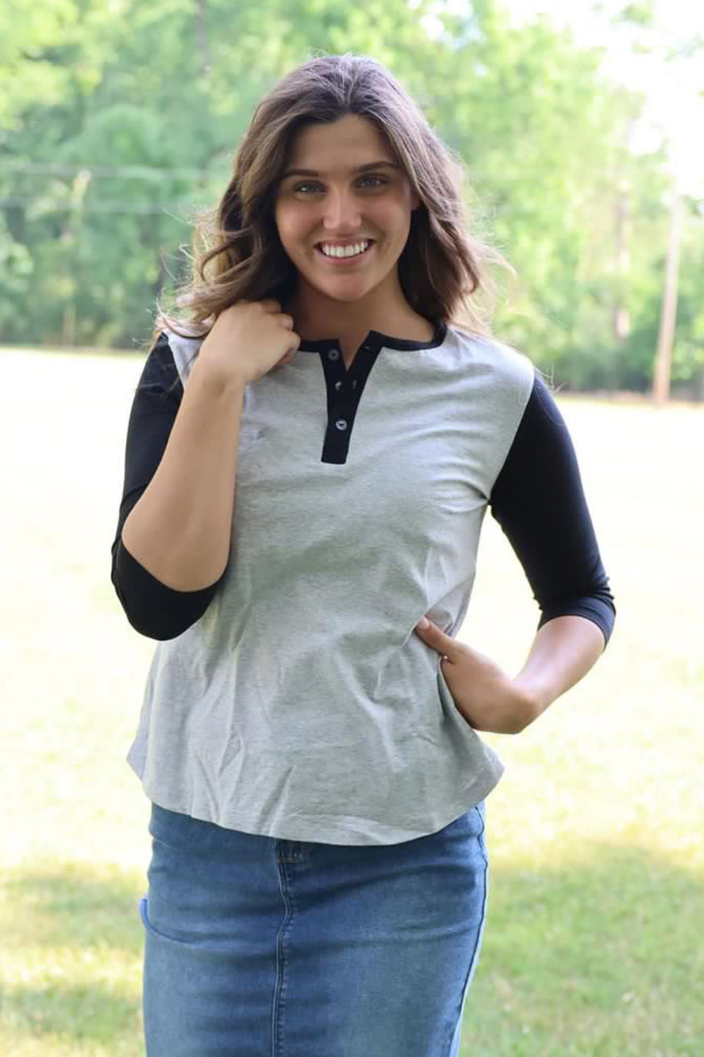 grey and black henley top with 3 buttons for women