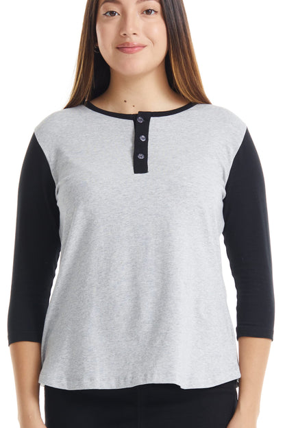 ESTEEZ 3/4 Sleeve Cotton Spandex Casual Henley Tops for Women