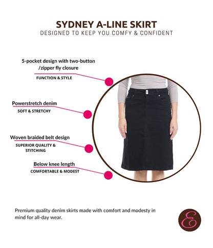 ESTEEZ Knee Length Flary A-Line Stretch Denim Jean Skirt for Women with Pockets - Sydney