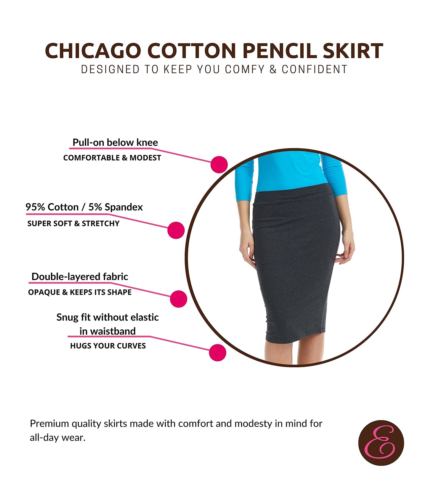 ESTEEZ Women's Form Fitting Snug Pencil Skirt - Modest Stretchy Below The Knee - Chicago