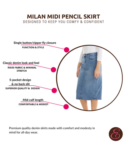 ESTEEZ Midi Length Pencil Stretch Denim Jean Skirt with Pockets for Women - Milan