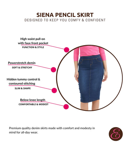 ESTEEZ High Waisted Pull-on Knee Length Stretch Denim Jean Skirt for Women - Siena