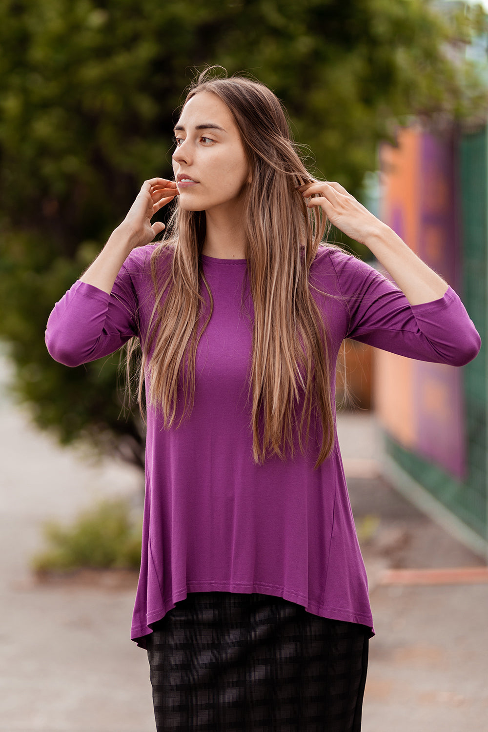 mauve crew neck high-low loose tunic top for women