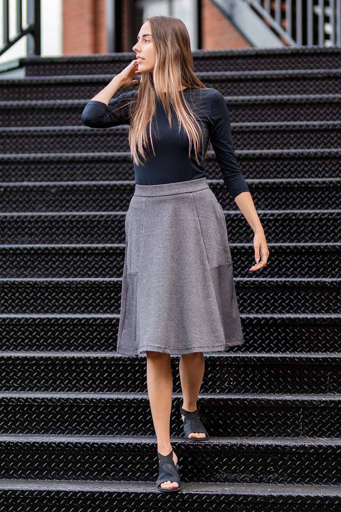 black and white jacquard ponte A-Line skater skirt with pockets for women