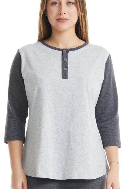 ESTEEZ 3/4 Sleeve Cotton Spandex Casual Henley Tops for Women