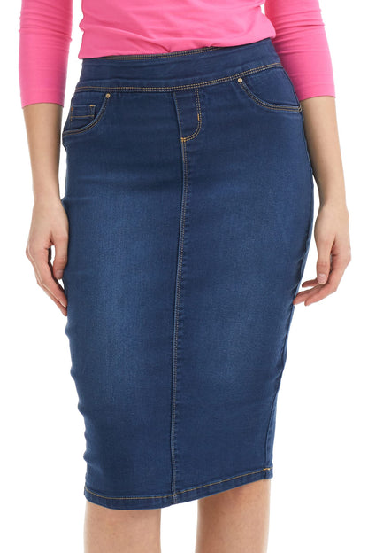 ESTEEZ High Waisted Pull-on Knee Length Stretch Denim Jean Skirt for Women - Siena