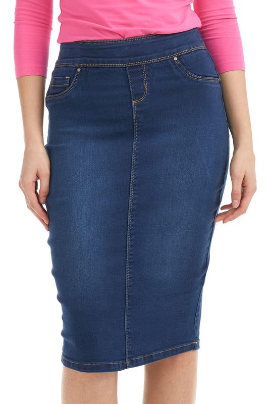 ESTEEZ High Waisted Pull-on Knee Length Stretch Denim Jean Skirt for Women - Siena