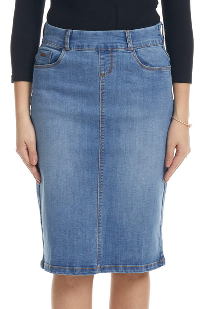 ESTEEZ Women's Stretchy Denim Jean Skirt - Straight Knee-Length with Pockets - Classic & Modest Design - Manhattan