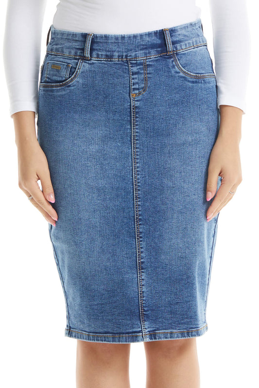 ESTEEZ Women's Stretch Denim Pencil Skirt – Soft, Flexible, Body-Hugging, Knee-Length Jean Skirt ‘Brooklyn’