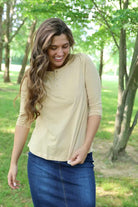 tan henley top with 3 buttons for women