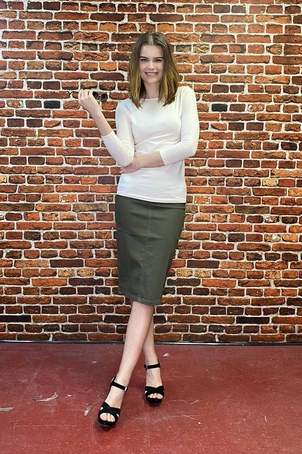 army green Below the knee tight pencil jean skirt with faux pockets