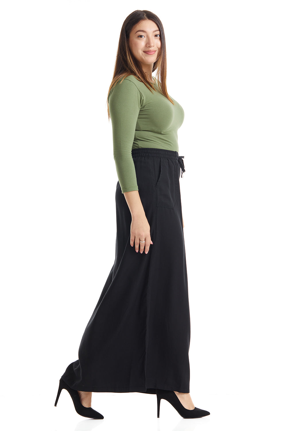 long ankle length flary black tencel skirt with drawstring closure and slash pockets