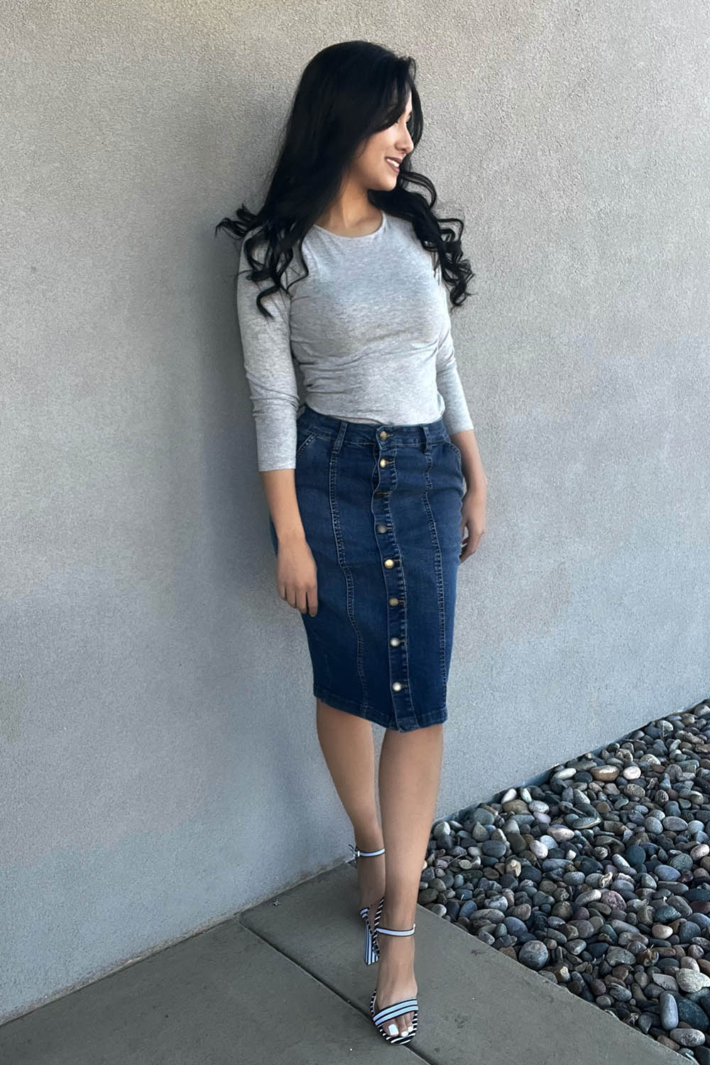 blue button down denim jean pencil skirt with pockets and belt loops for women