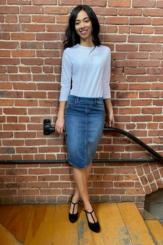 blue pull on straight jean denim skirt with belt loops and without pockets