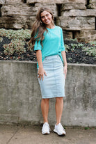 light blue below the knee denim pencil skirt with belt loops and no pockets