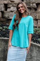 Turquoise Modest Elbow Sleeve Cotton Tunic Top for Women - Premium shirt from Esteez - Just $28! Shop now at Esteez