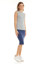 light gray sleeveless shell looks great on its own or with a cardigan