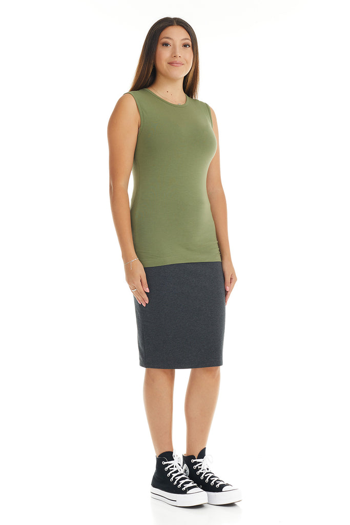 khaki green sleeveless shell looks great on its own or with a cardigan