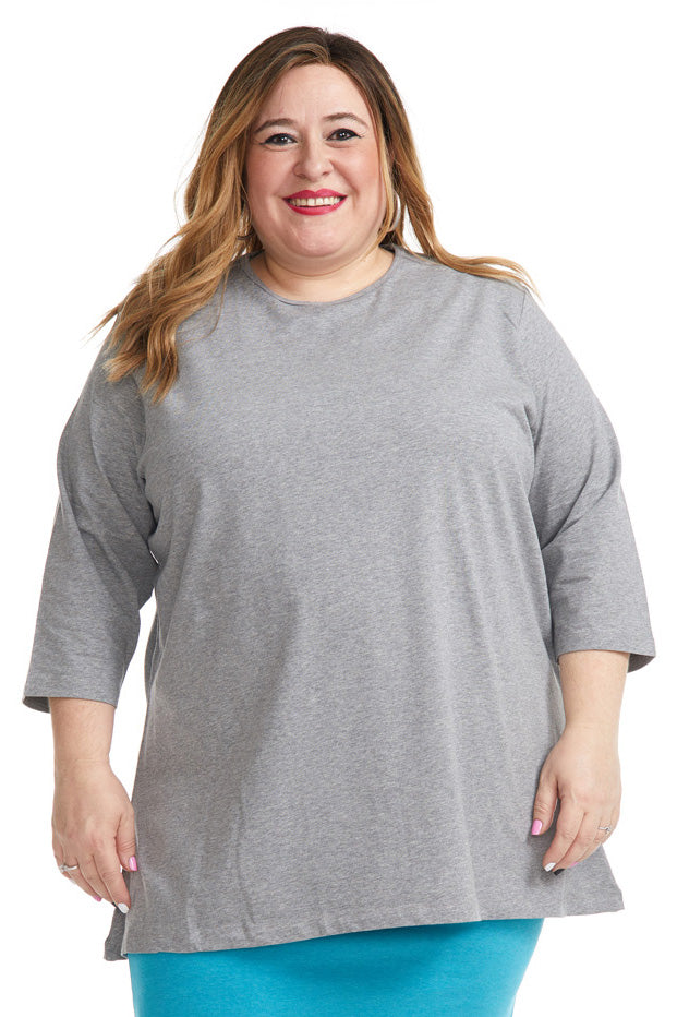 Plain gray 3/4 sleeve plus size tunic t-shirt for women