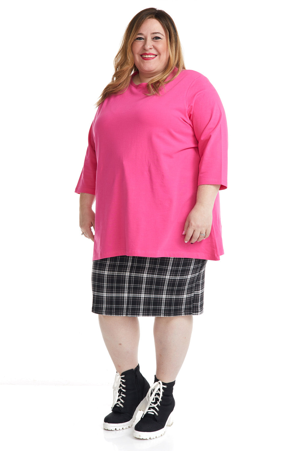Casual Pink 3/4 sleeve baggy plus size t-shirt for women