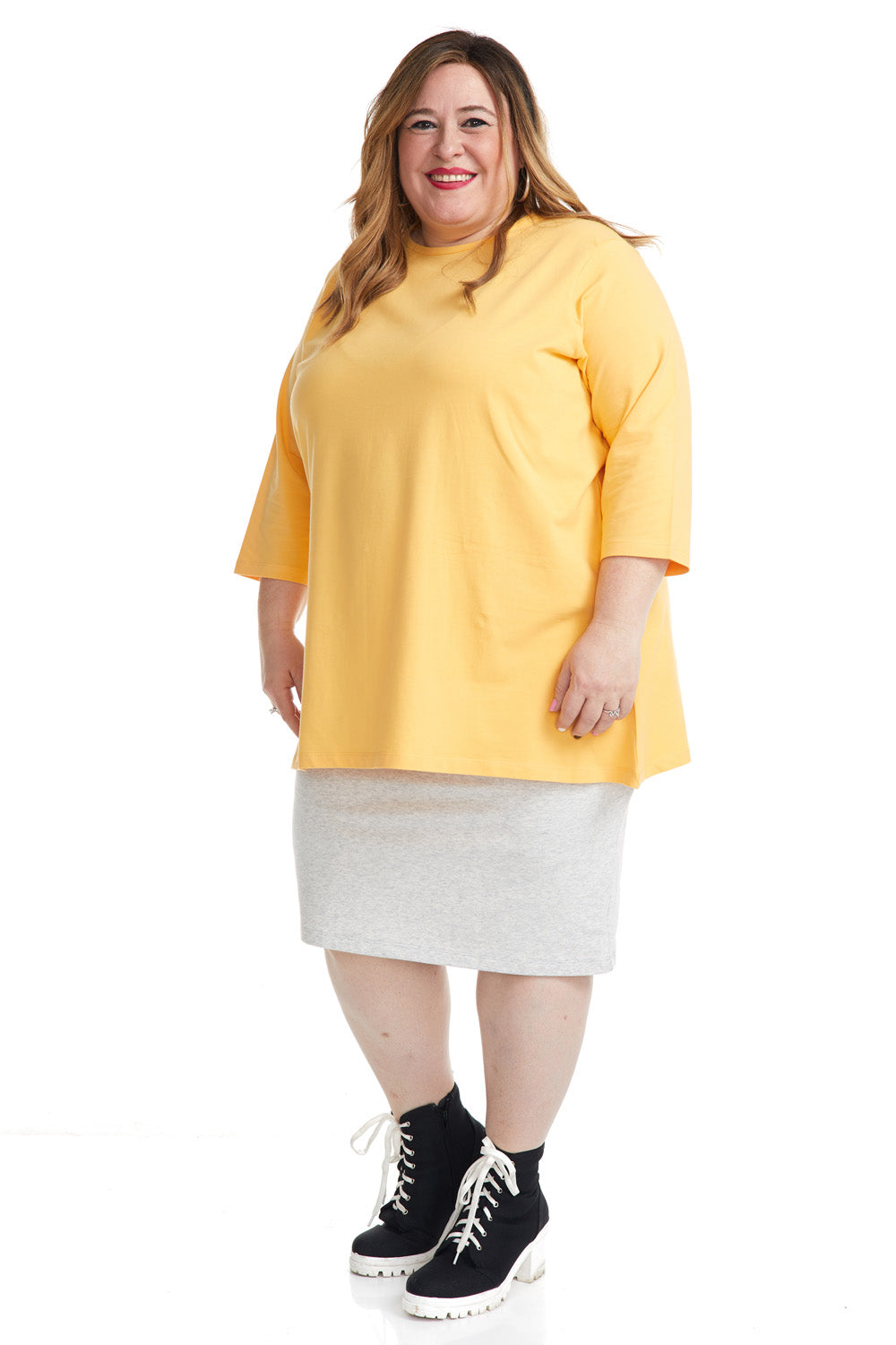 Plus Size Casual Yellow 3/4 sleeve baggy t-shirt for women