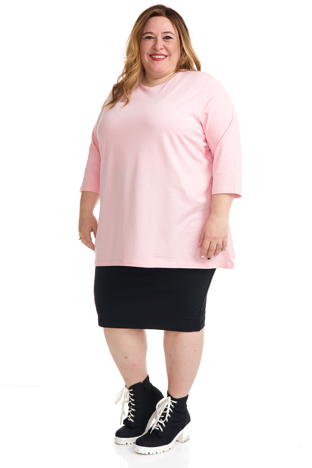 Casual baby Pink 3/4 sleeve baggy plus size oversized t-shirt for women
