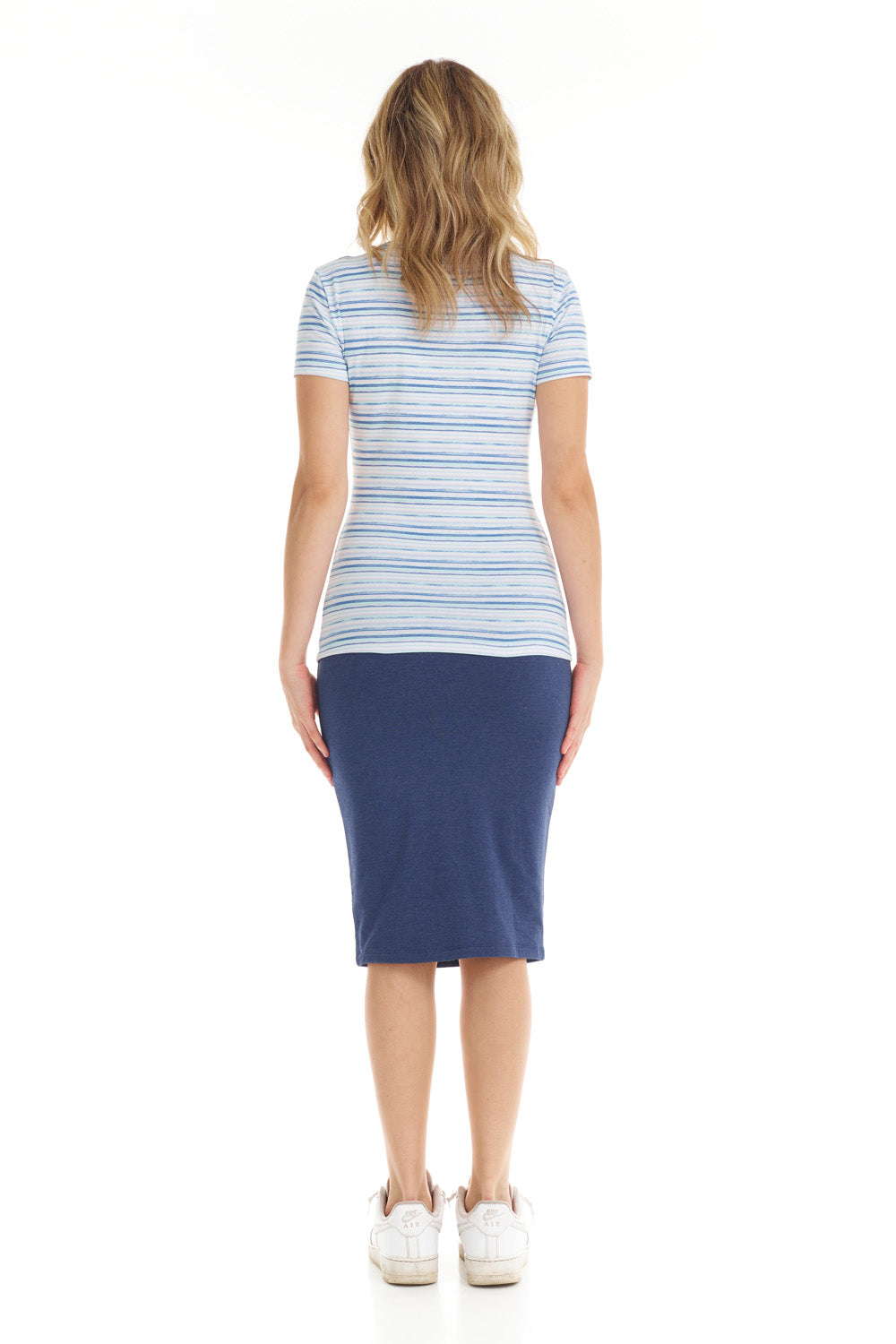 white and blue stripes cotton tee with crew neck
