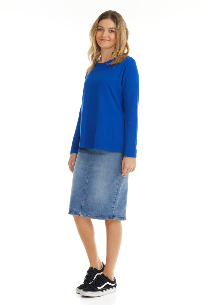 vibrant blue cotton long sleeve tee for women